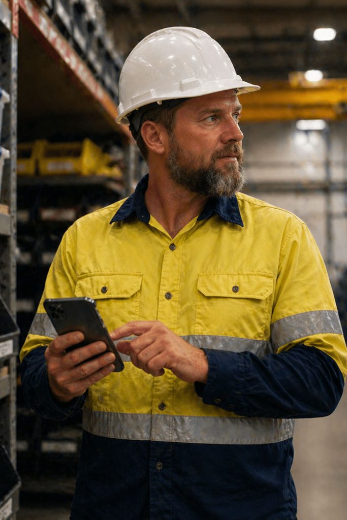 Technician with mobile CMMS work order app